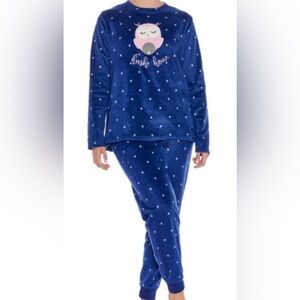 Cozy Critter Blue and White 2-piece Owl Fuzzy Fleece Pajama Set Large
